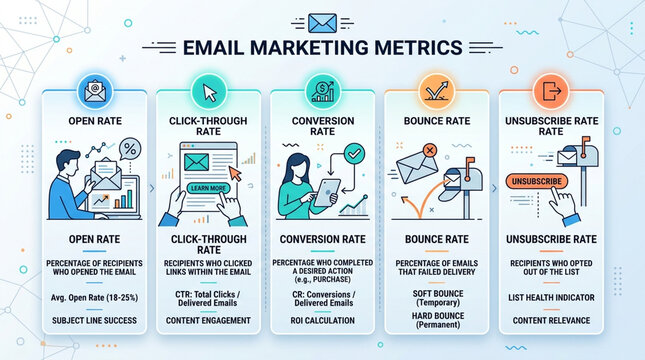 Email Marketing Metrics Infographic Illustrating Open Rate Click Through Rate Conversion Rate Bounce Rate and Unsubscribe Rate for Digital Business Strategy
