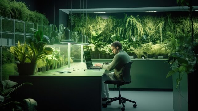 Man Working in Futuristic Biophilic Green Office