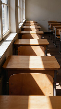 Row of empty school desks and chairs in sunlit classroom with long shadows