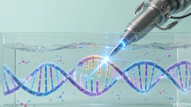 dna editing concept with metallic double helix liquid crystal structure genetic engineering biotechnology crispr science innovation futuristic lab research molecular biology precision medicine advance