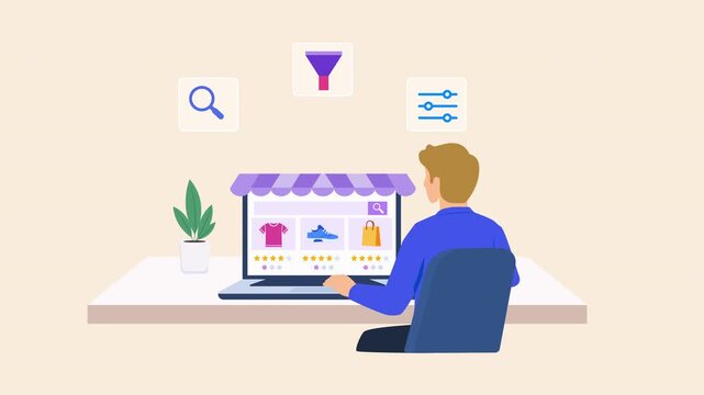 Animated ecommerce scene showing a person managing an online store with search, filter, and settings icons, representing product discovery, digital retail, and online shopping.