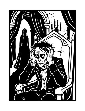 Close-up portrait of Roderick Usher in despair line art vector illustration Edgar Allan Poe story