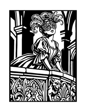 Soprano diva singing on gothic opera balcony line art vector illustration Phantom of the Opera