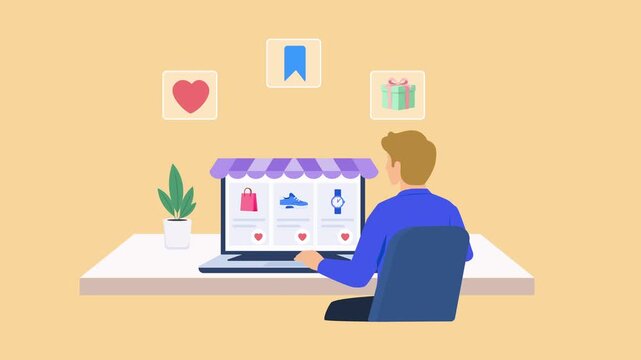 Animated ecommerce scene showing a person managing an online store with product and customer engagement icons, representing digital retail, shopping, social interaction, and online sales.