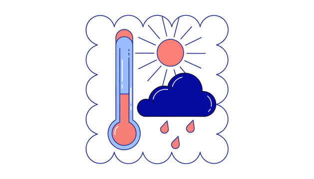 Weather forecast icons: thermometer, sun and rain cloud with drops, graphic illustration, weather prediction symbols.