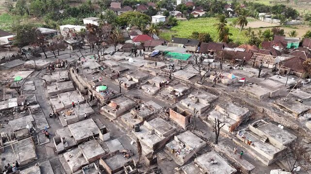 Tragic Fire Destroys Traditional Houses in Sade Village, Lombok: Suku Sasak Cultural Heritage Disaster and Post-Disaster Destruction Scene
