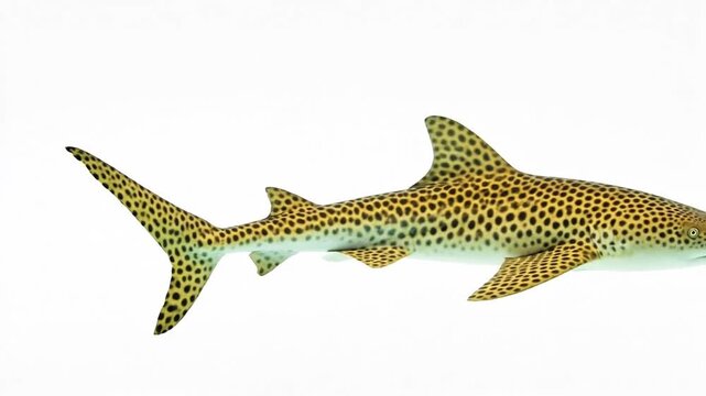 Leopard shark swimming across a clean white background.