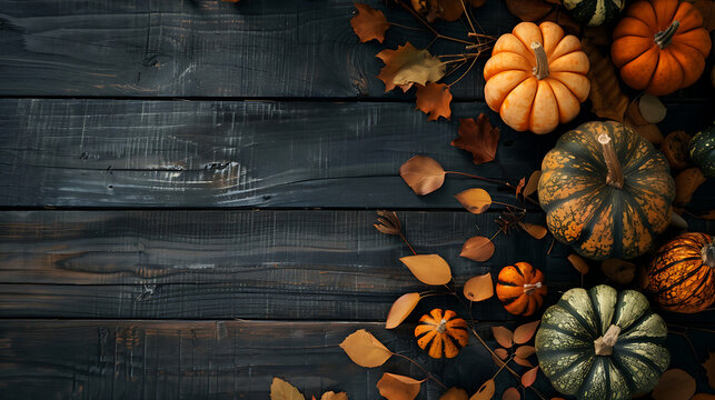 Rustic Dark Wood Autumn Thanksgiving Flat Lay with Pumpkins and Left Copy Space for Holiday Retail Marketing Web Banner