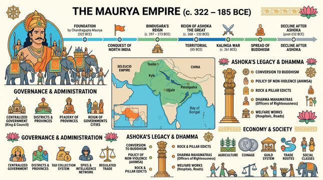 Historical Infographic of The Maurya Empire Ancient India Timeline and Ashoka the Great
