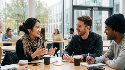 Obraz premium Diverse group of young adults engaging in a lively discussion around a table in a modern university cafe, studying and collaborating