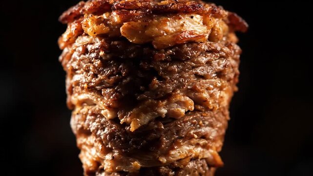 Stacked layers of marinated meat cooking slowly on a vertical rotisserie spit. Macro close-up shot emphasizing the texture and savory details of roasted Shawarma, Gyro, or Doner kebab.
