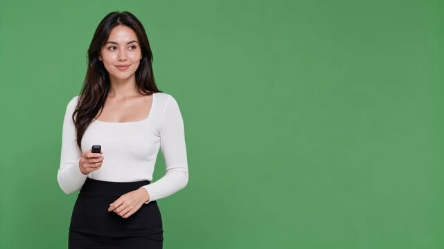 Confident young woman holding a presentation clicker looking away