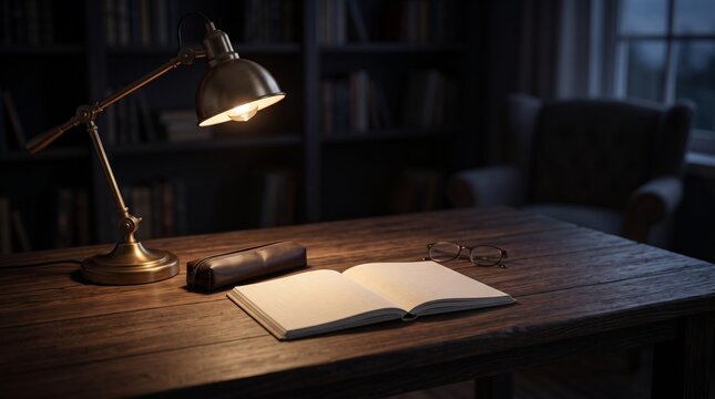 Open book and desk lamp on a wooden table in a dark library or office interior with lamp light education bookshelf