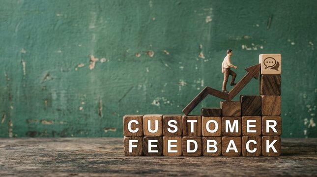 Customer feedback drives business growth, illustrated by a man climbing stairs made of wooden blocks, symbolizing progress and success.