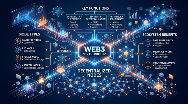 Web3 Infrastructure Infographic showing Decentralized Nodes Blockchain Ecosystem and Digital Technology Network