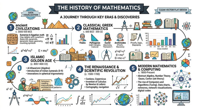 History of Mathematics Infographic from Ancient Civilizations to Modern Computing and Data Visualization