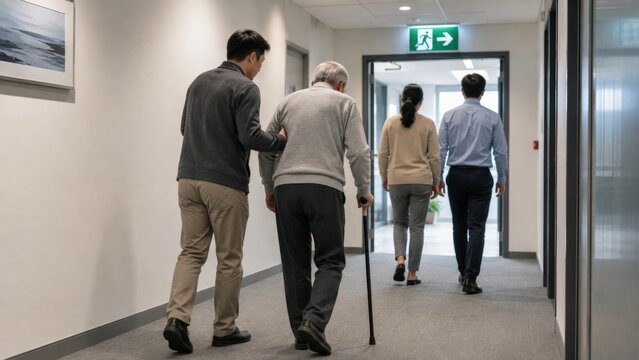 People walking toward emergency exit sign in office corridor during evacuation drill. Man helping elderly man with cane move to safety. Workplace safety and emergency evacuation concept