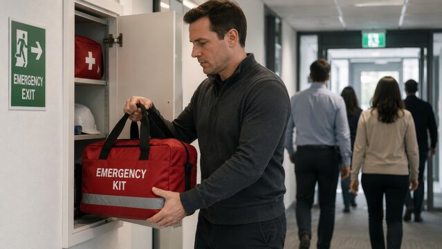 Man taking emergency kit from cabinet near exit sign while colleagues evacuate office corridor. Workplace safety and emergency evacuation preparedness concept for first aid training and building
