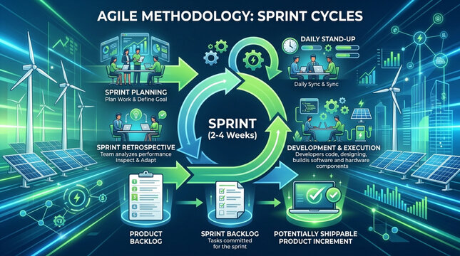 Agile Methodology Sprint Cycle Infographic for Renewable Energy Project Management