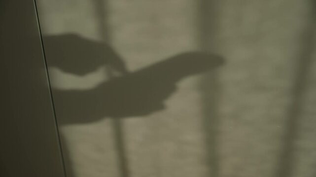 Silhouette shadow of man typing message on smartphone as sunlight shining on wall from window in apartment or office. Suspicious mysterious activity. Business deal transaction or dark conversation