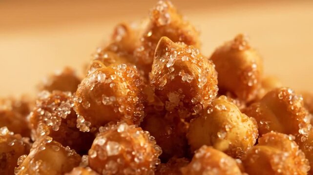 Macro shot of sweet fried dough balls (Pignoli or Struffoli style) generously coated with sparkling coarse sugar crystals, highlighting the texture of the delicious snack.