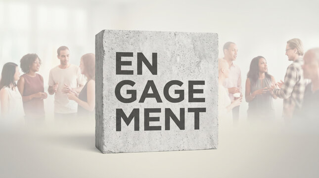 「ENGAGEMENT」の文字を刻んだ石柱と対話するビジネスパーソンのイメージ
