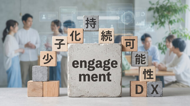 「持続可能性」「少子化」「DX」「engagement」の文字を積み木で表現したビジネスコンセプト素材