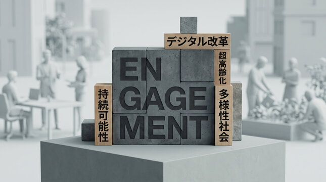 「ENGAGEMENT」「デジタル改革」等の文字が刻まれたブロックのビジュアル