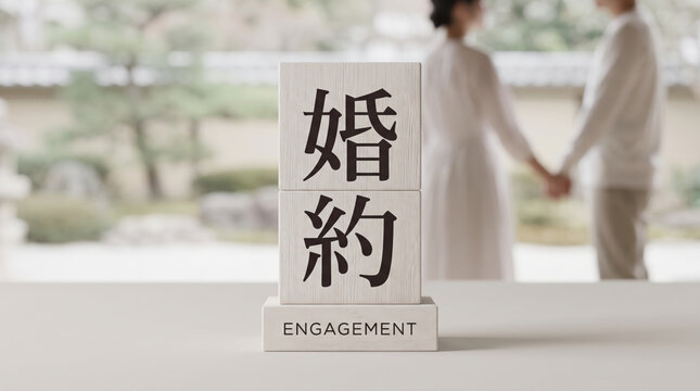「婚約」の文字が書かれた積み木と手を繋ぐカップルのコンセプト画像
