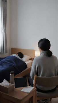 休む子どもを見守る親の後ろ姿