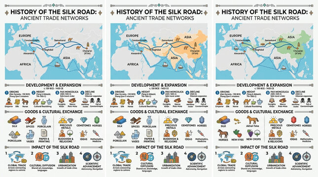 History of the Silk Road Ancient Trade Networks Educational Map Infographic