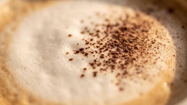 Close-up of creamy cappuccino foam with cocoa powder topping, showing rich texture and warm inviting colors.