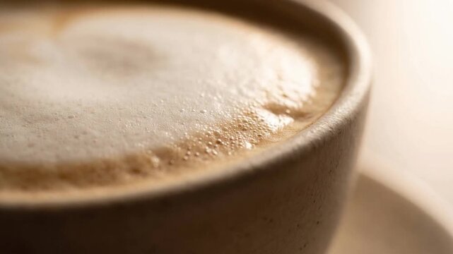 Close-up of Hot Coffee with Frothy Milk Foam and Popping Bubbles in a Ceramic Cup