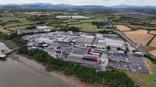 Aerial orbit meat factory on the banks of the River Suir at Grannagh County Kilkenny , large plant supplying Ireland and exporting to Europe and the UK