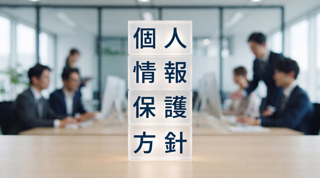 「個人情報保護方針」の文字とオフィスで働くビジネスパーソン