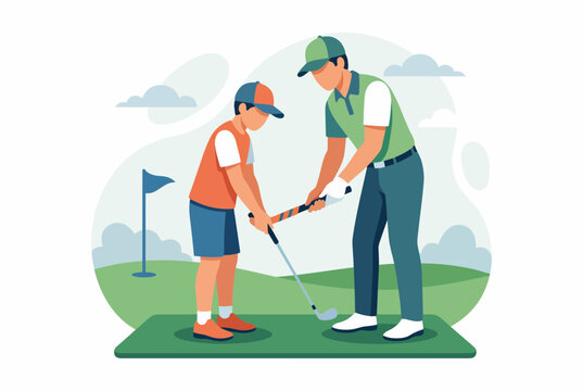 Golf Instructor Teaching Young Boy Junior Lesson on Golf Course