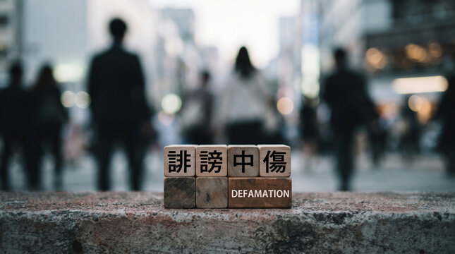 「誹謗中傷」の文字を表現した積み木と街を行き交う人々の背景概念画像