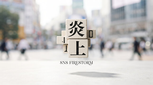 「炎上」の文字と都会の背景で表現したSNSトラブルのコンセプト画像