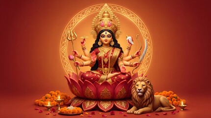 Obraz premium Beautiful artistic representation of maa durga sitting on a lotus flower with a lion during the durga puja festival