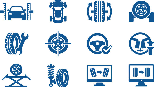 Car Service and Wheel Alignment Icon Set Featuring Tire Diagnostics, Balancing, Suspension Repair, Steering Calibration, and Auto Maintenance Symbols for Garages