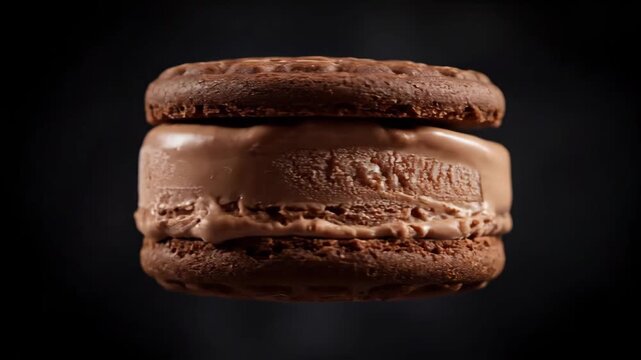 Close-up of a decadent chocolate ice cream sandwich floating against a dark background, showcasing the rich texture and melting details of the frozen dessert.