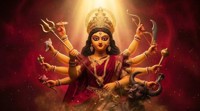 Divine illustration of maa durga featuring multiple arms and traditional ornaments set against a glowing warm red background