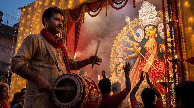 A dedicated devotee plays the traditional dhak drum during the vibrant and spiritual celebration of maa durga puja festival