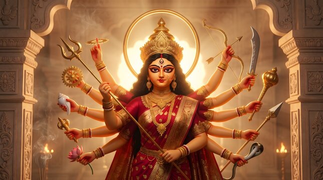 Majestic artistic illustration of maa durga featuring multiple arms and traditional attire for the hindu festival of durga puja