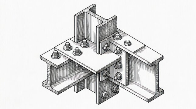 Dynamic Isometric of Steel Beams Connected by Bolts in Monochromatic Sketch Style with high quality professional line art symbols for modern creative design and digital branding projects