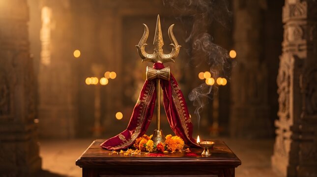 A beautifully decorated golden trishula representing the divine power of maa durga placed inside a traditional indian temple setting