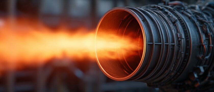 Jet engine exhaust nozzle emitting intense orange flames during high power thrust test for aerospace propulsion research and development