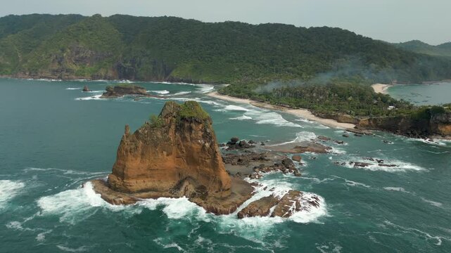 Iconic Pulau Kajang Cliffs In South Java Coast Jember Indonesia Drone Track In 4K 60FPS