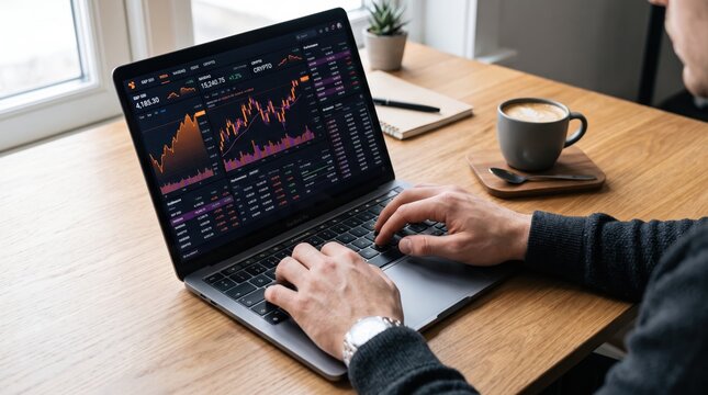 Close up of male hands typing on laptop keyboard analyzing stock market trading charts and candlestick graphs, financial investment, cryptocurrency trading, forex exchange