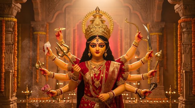 Majestic portrait of maa durga featuring divine multi armed goddess in traditional attire for hindu festival celebration and worship